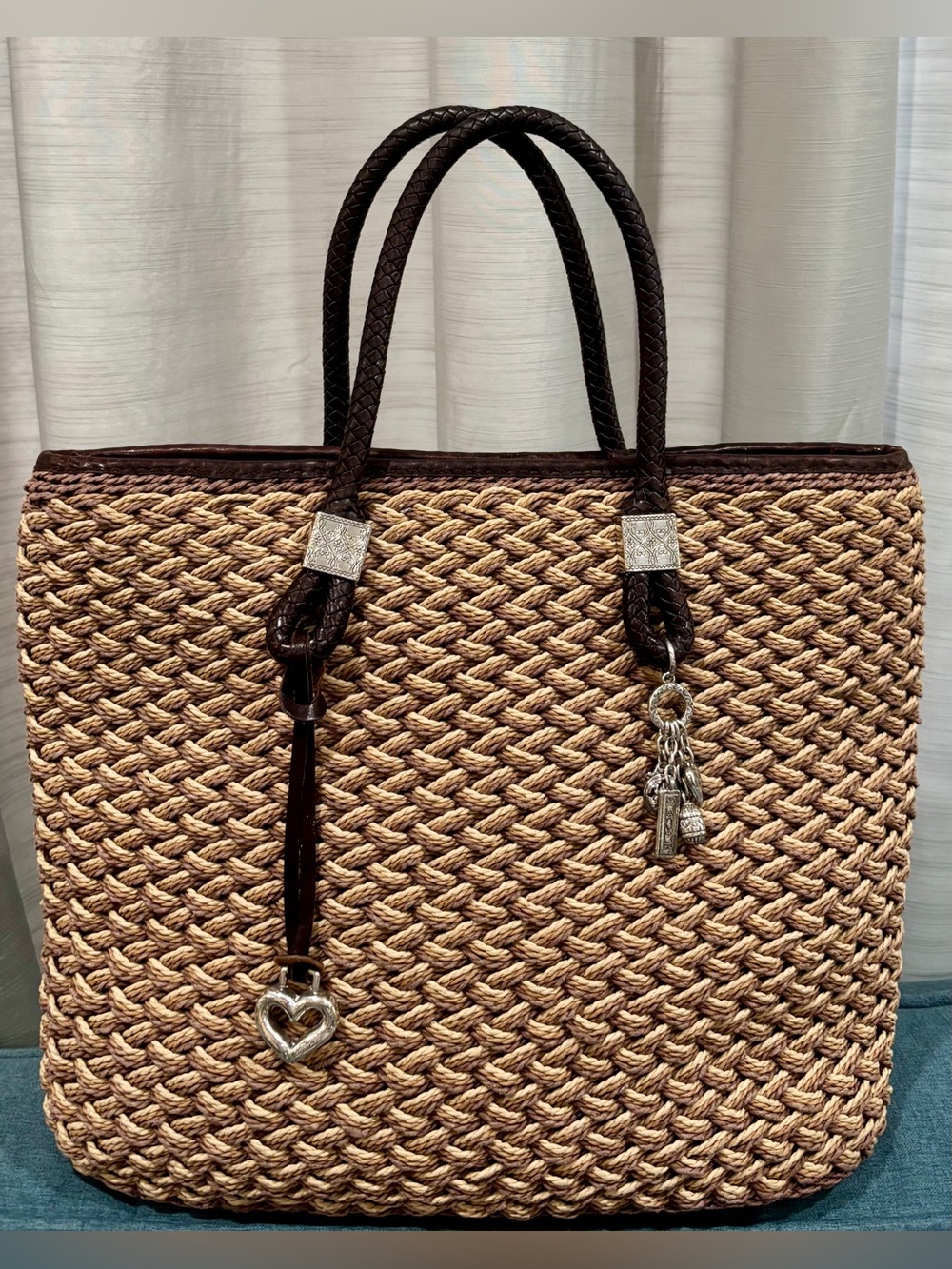 Vintage Brighten Woven Tricolor Straw Tote Bag w/Brown Leather Handles/S.Charms